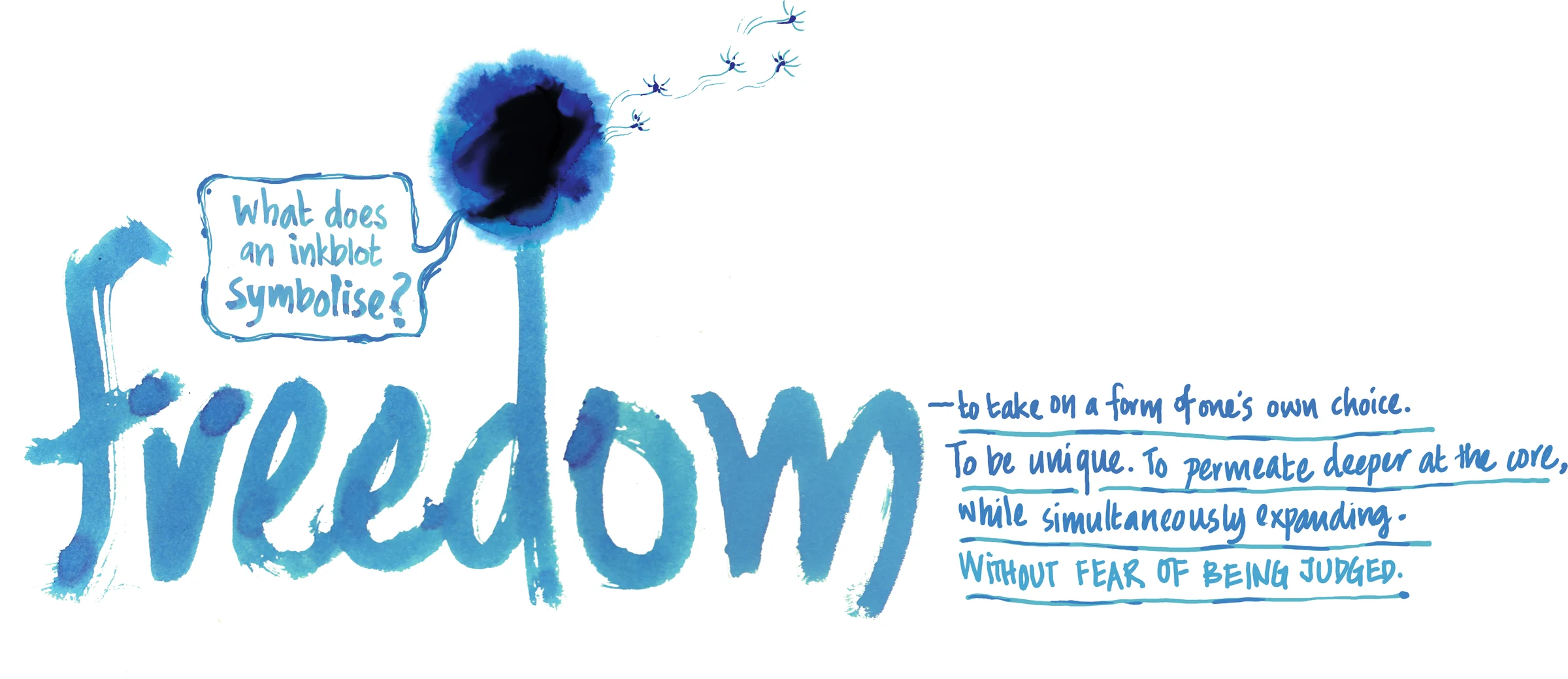 The word freedom, hand-lettered in blue ink. An inkblot dots the letter d and asks, in a speech bubble: what does an inkblot symbolise? Beside it: freedom, to take on a form of one's own choice. To be unique. To permeate deeper at the core, while simultaneously expanding. Without fear of being judged.