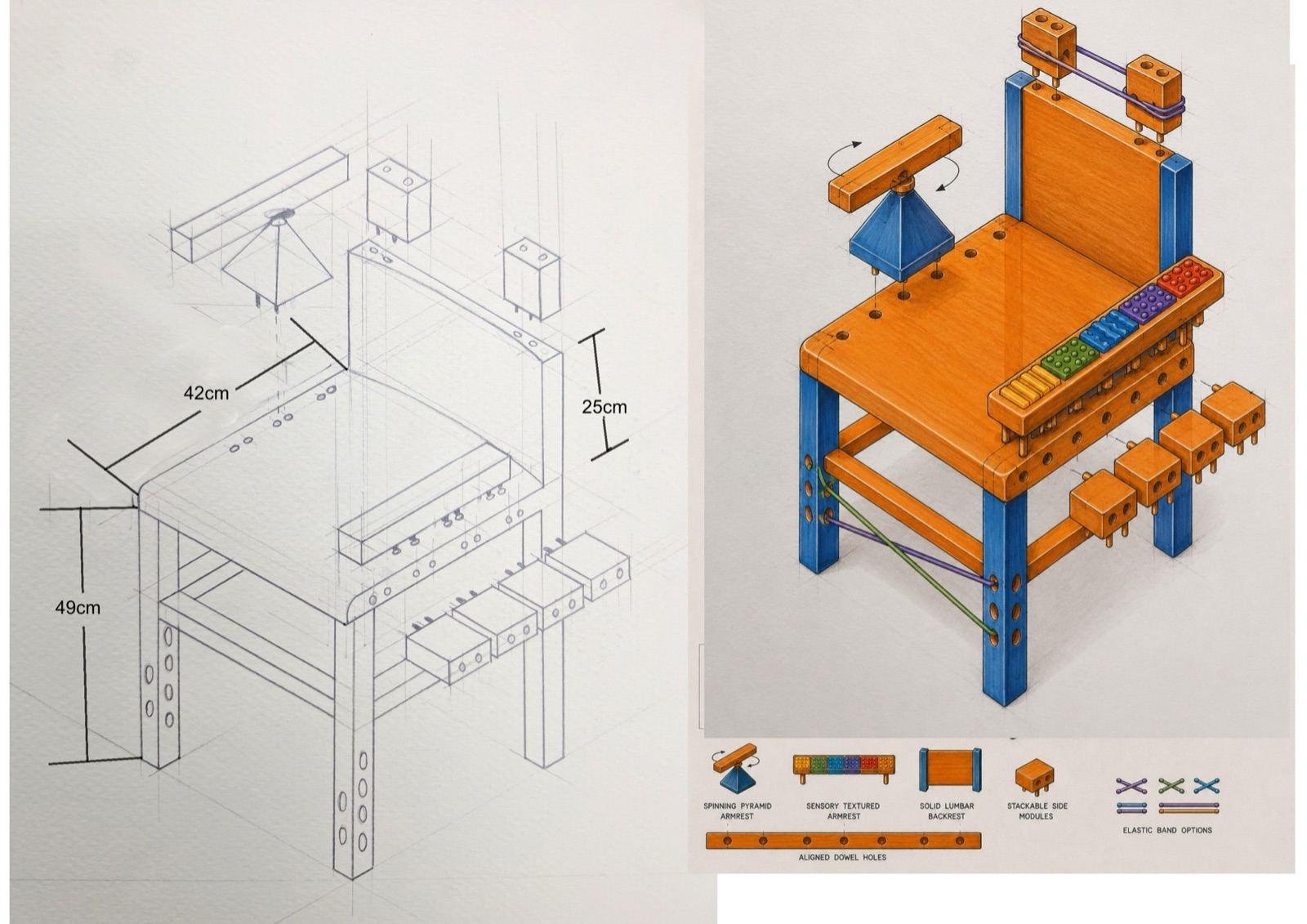 The chair as an isometric drawing and a colour render, from ‘The Chair Design Assignment’